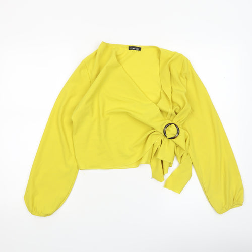 Boohoo Women Yellow Wrap Tie Blouse Long Sleeve Size 8