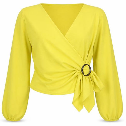 Boohoo Women Yellow Wrap Tie Blouse Long Sleeve Size 8