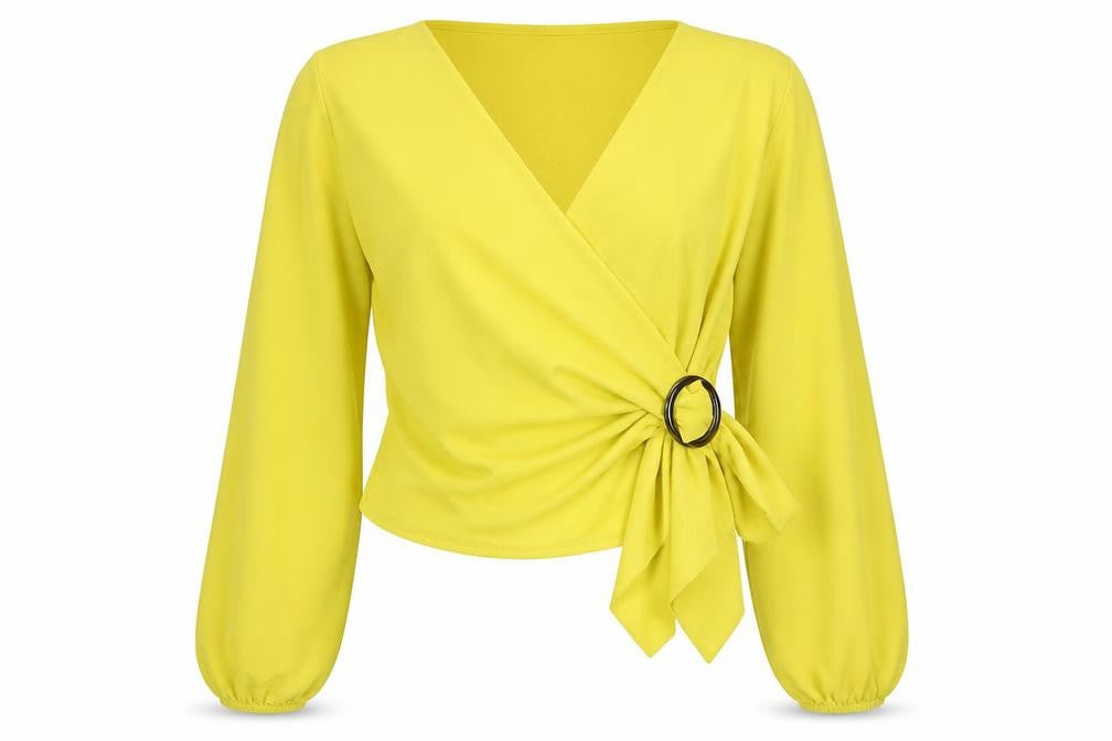 Boohoo Women Yellow Wrap Tie Blouse Long Sleeve Size 8