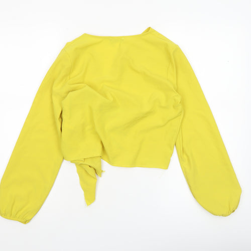Boohoo Women Yellow Wrap Tie Blouse Long Sleeve Size 8
