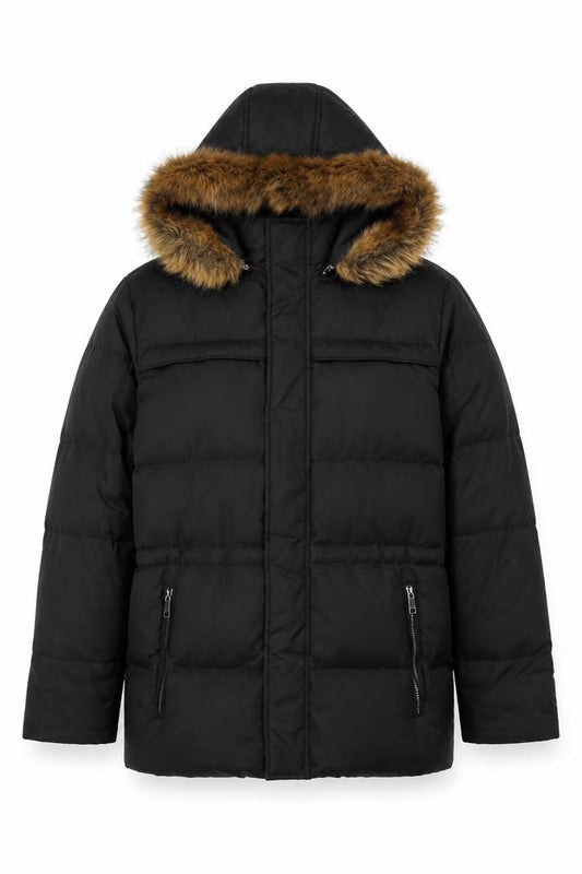 Front view of Marc New York Andrew Marc Men's Black M Puffer Jacket with Faux Fur Hood