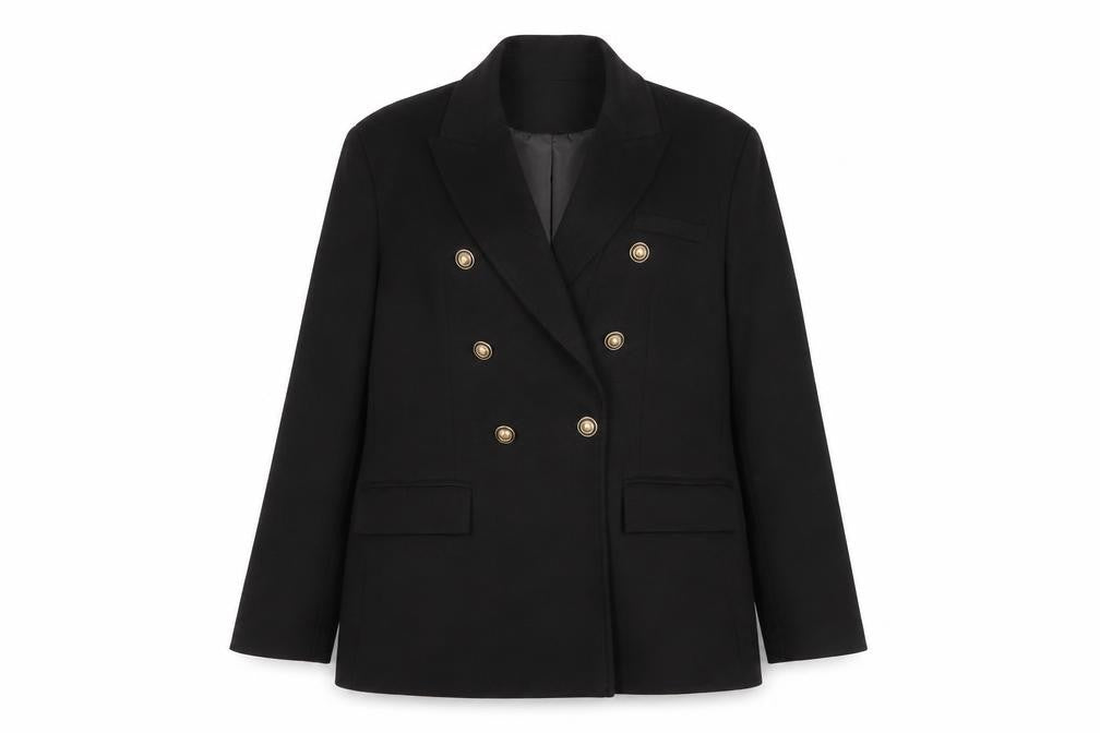 Front view of Gallery Women’s Black Double-Breasted Blazer UK 16 Peak Lapel Jacket