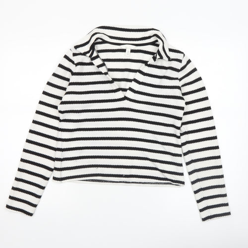H&M Women’s Black White Striped V-Neck Long Sleeve Knit Top Medium