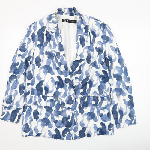 Zara Women Blue White Camouflage Print Blazer XS Single Breasted