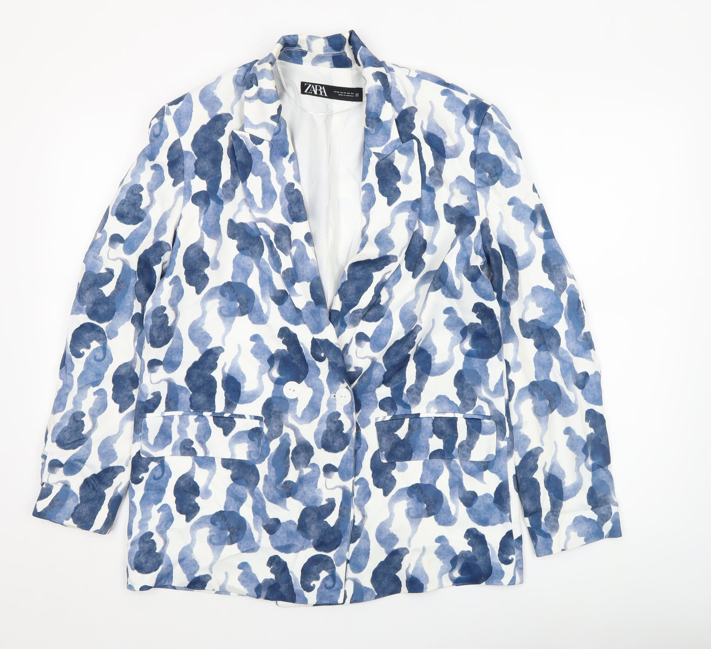 Zara Women Blue White Camouflage Print Blazer XS Single Breasted