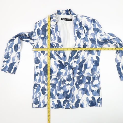 Zara Women Blue White Camouflage Print Blazer XS Single Breasted