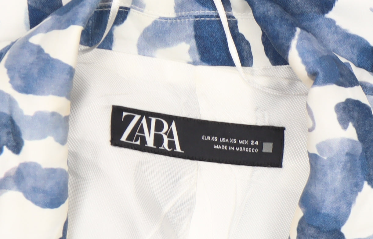 Zara Women Blue White Camouflage Print Blazer XS Single Breasted