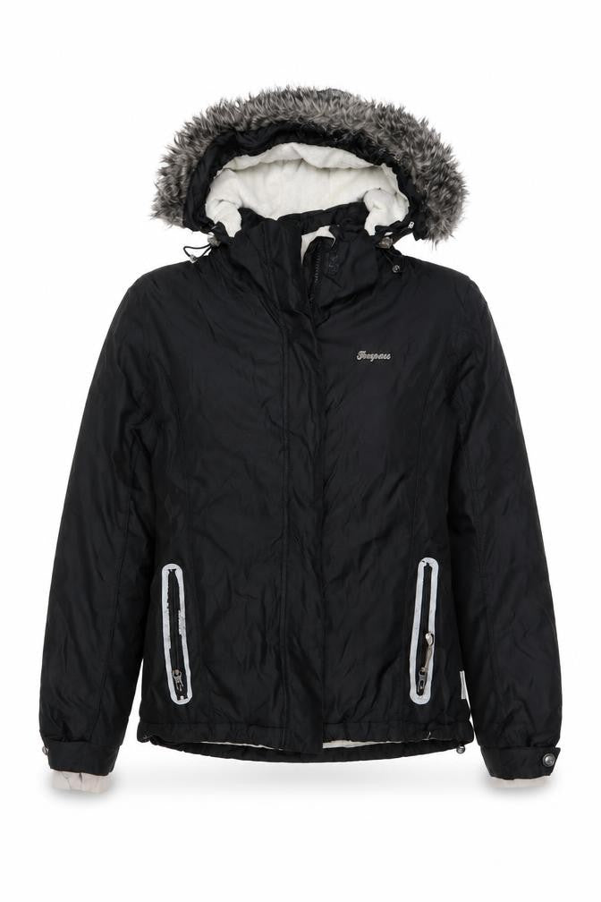 Front view of Trespass Women's Black Medium Waterproof Fur Trim Hooded Parka Jacket