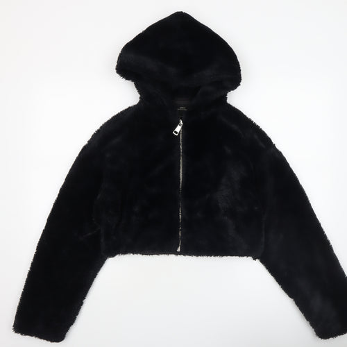 Urban Outfitters Womens Black Faux Fur Cropped Hooded Jacket XS