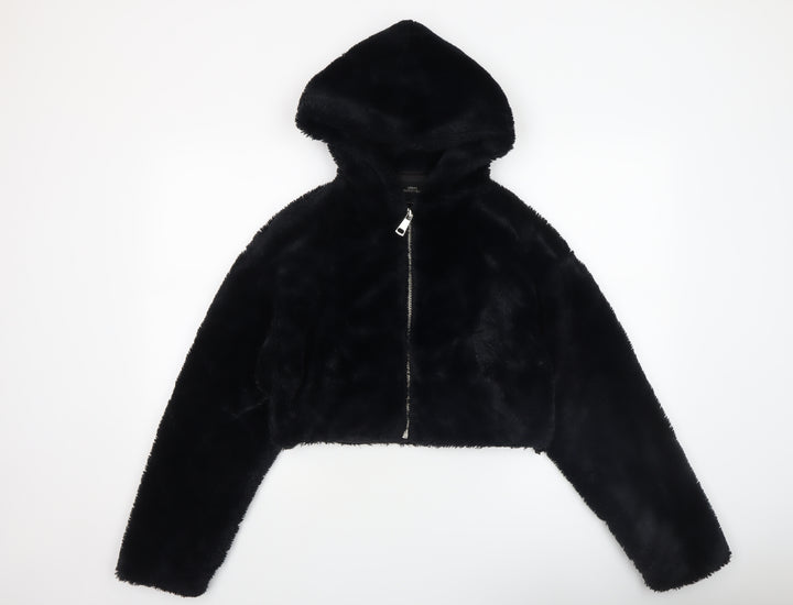 Urban Outfitters Womens Black Faux Fur Cropped Hooded Jacket XS
