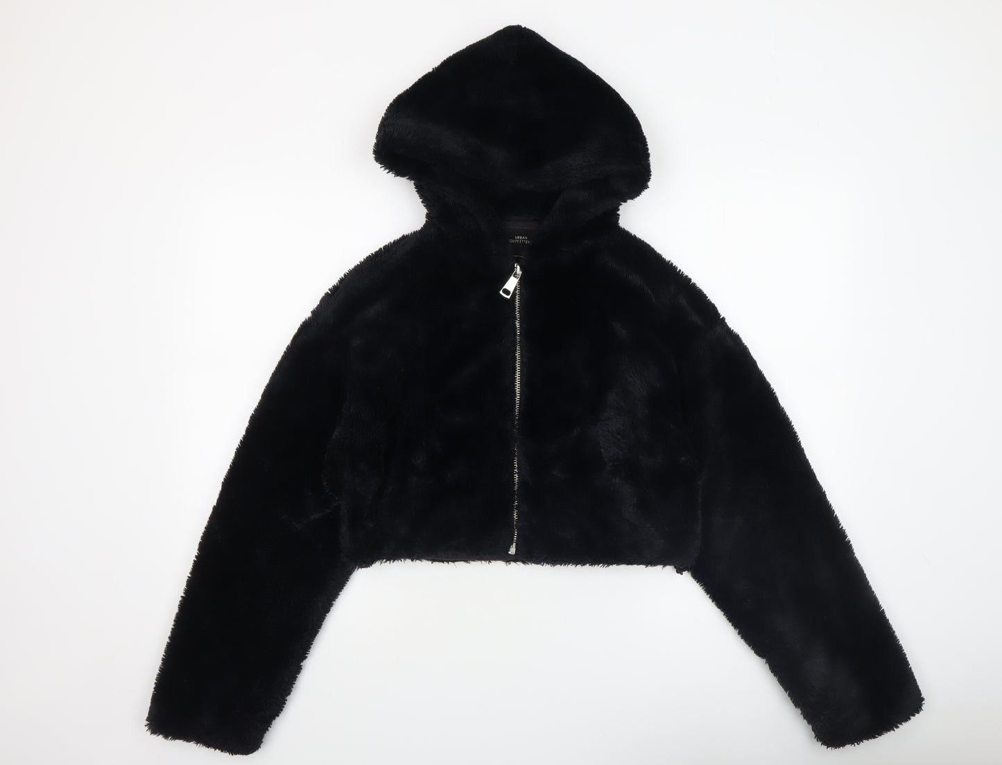 Urban Outfitters Womens Black Faux Fur Cropped Hooded Jacket XS