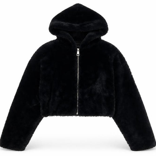 Urban Outfitters Womens Black Faux Fur Cropped Hooded Jacket XS