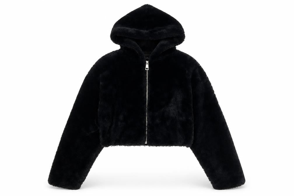 Urban Outfitters Womens Black Faux Fur Cropped Hooded Jacket XS