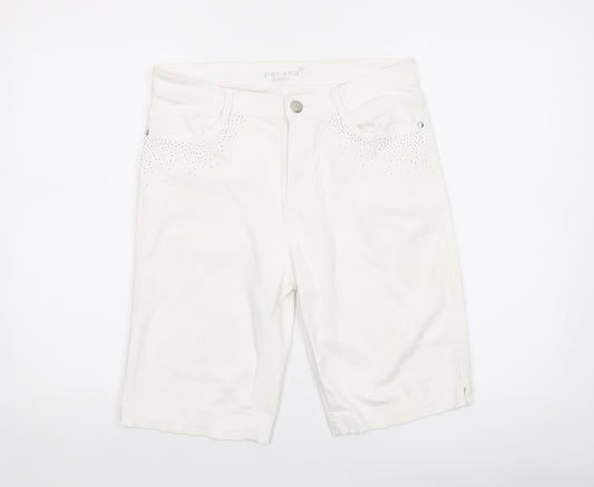 Marks and Spencer Women White Size 12 Bermuda Shorts Rhinestone Cotton Blend