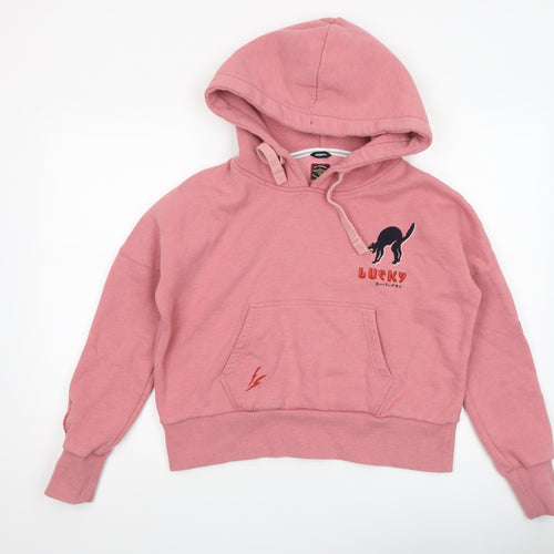 Superdry Women Pink Lucky Cat Pullover Hoodie UK 8 Relaxed Fit