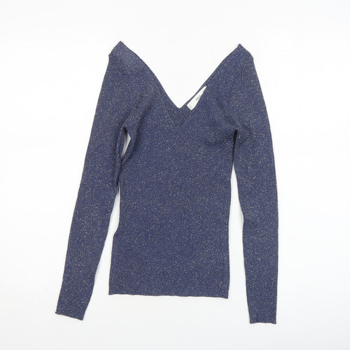 MNG Women's Blue Glitter V-Neck Slim Fit Long Sleeve Jumper Size S