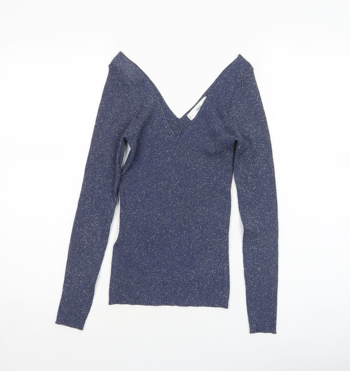 MNG Women's Blue Glitter V-Neck Slim Fit Long Sleeve Jumper Size S