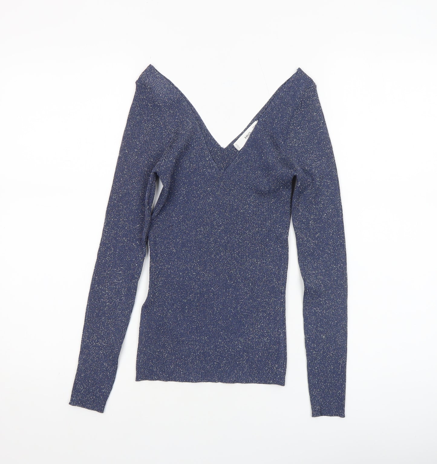 MNG Women's Blue Glitter V-Neck Slim Fit Long Sleeve Jumper Size S