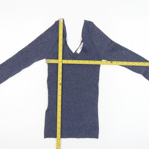 MNG Women's Blue Glitter V-Neck Slim Fit Long Sleeve Jumper Size S