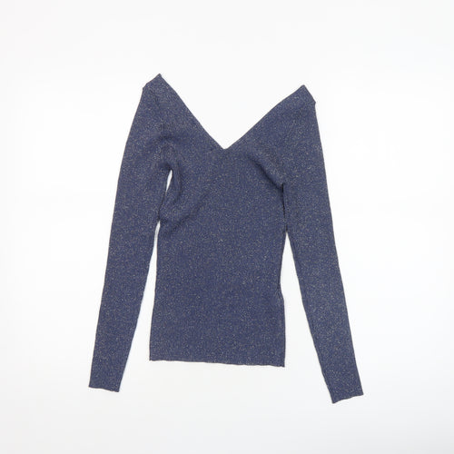 MNG Women's Blue Glitter V-Neck Slim Fit Long Sleeve Jumper Size S