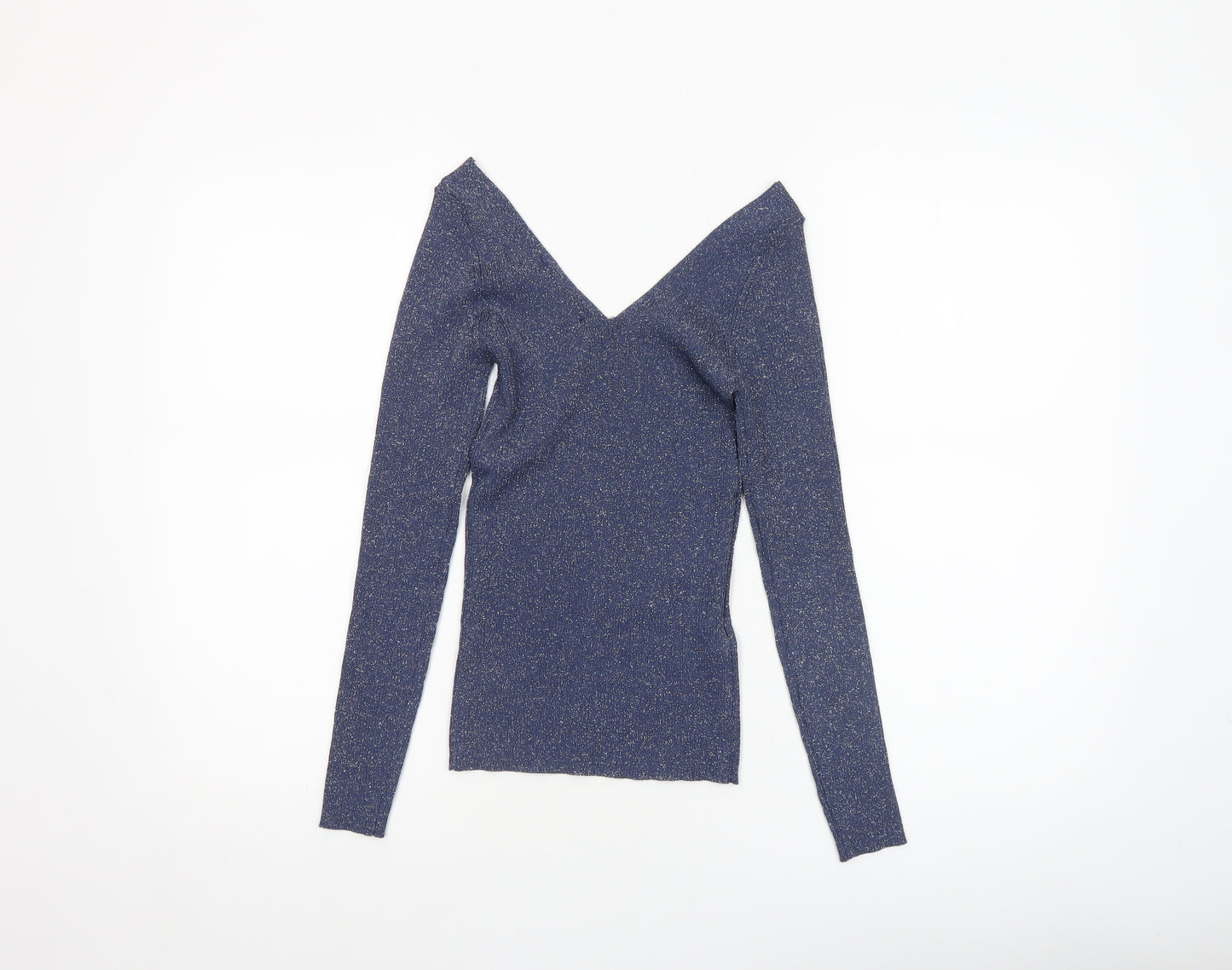 MNG Women's Blue Glitter V-Neck Slim Fit Long Sleeve Jumper Size S