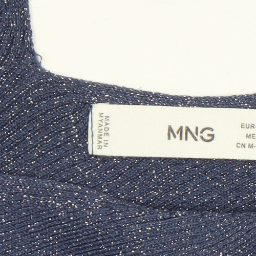 MNG Women's Blue Glitter V-Neck Slim Fit Long Sleeve Jumper Size S