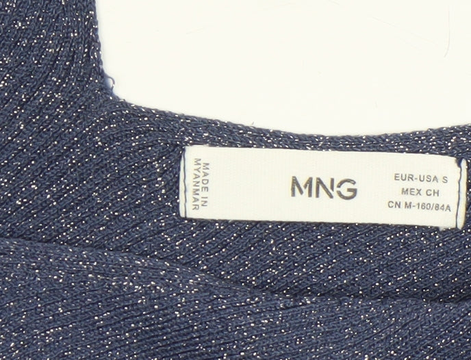 MNG Women's Blue Glitter V-Neck Slim Fit Long Sleeve Jumper Size S