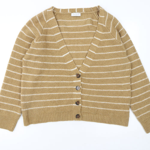 Papaya Women's Beige Striped Button Front V-Neck Cardigan Size M