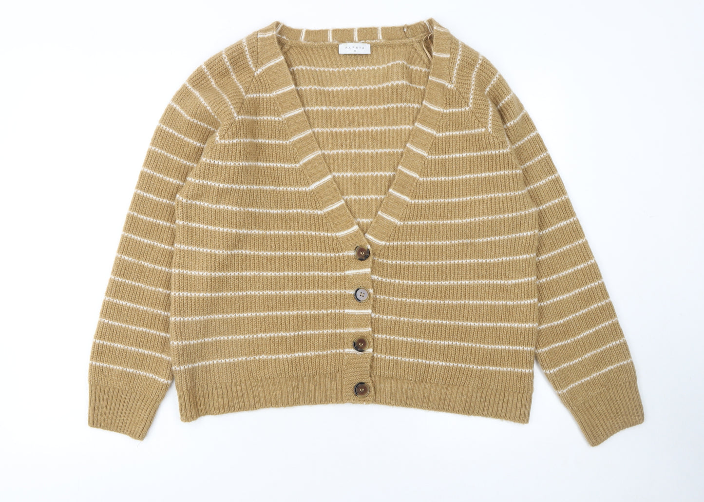 Papaya Women's Beige Striped Button Front V-Neck Cardigan Size M