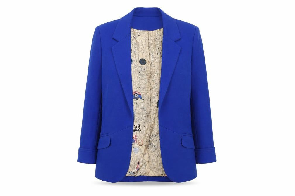 Front view of Maisy women’s blue single-breasted blazer, size UK 12, viscose blend
