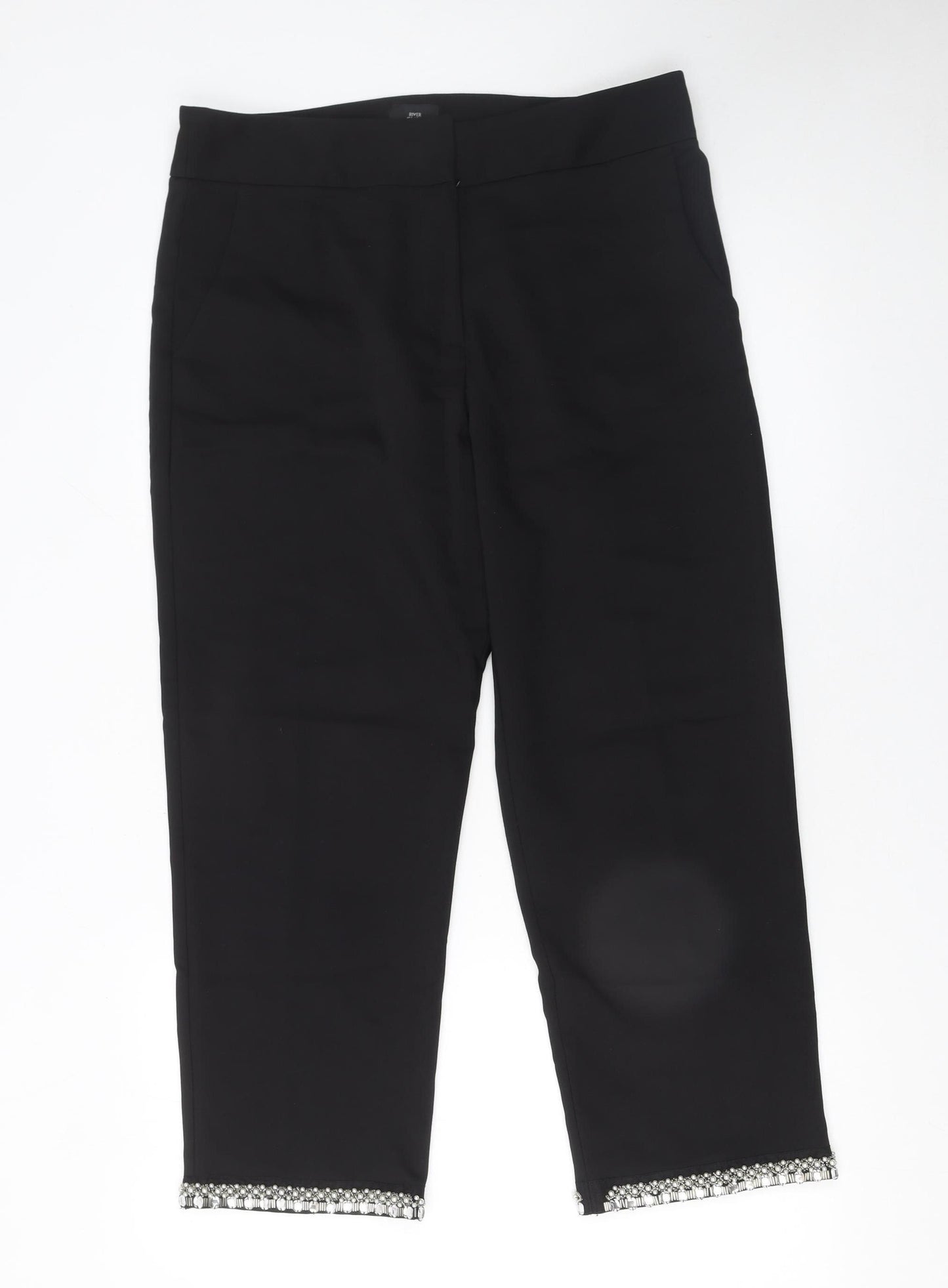 River Island Women’s Black Cropped Embellished Beaded Trousers Size 14