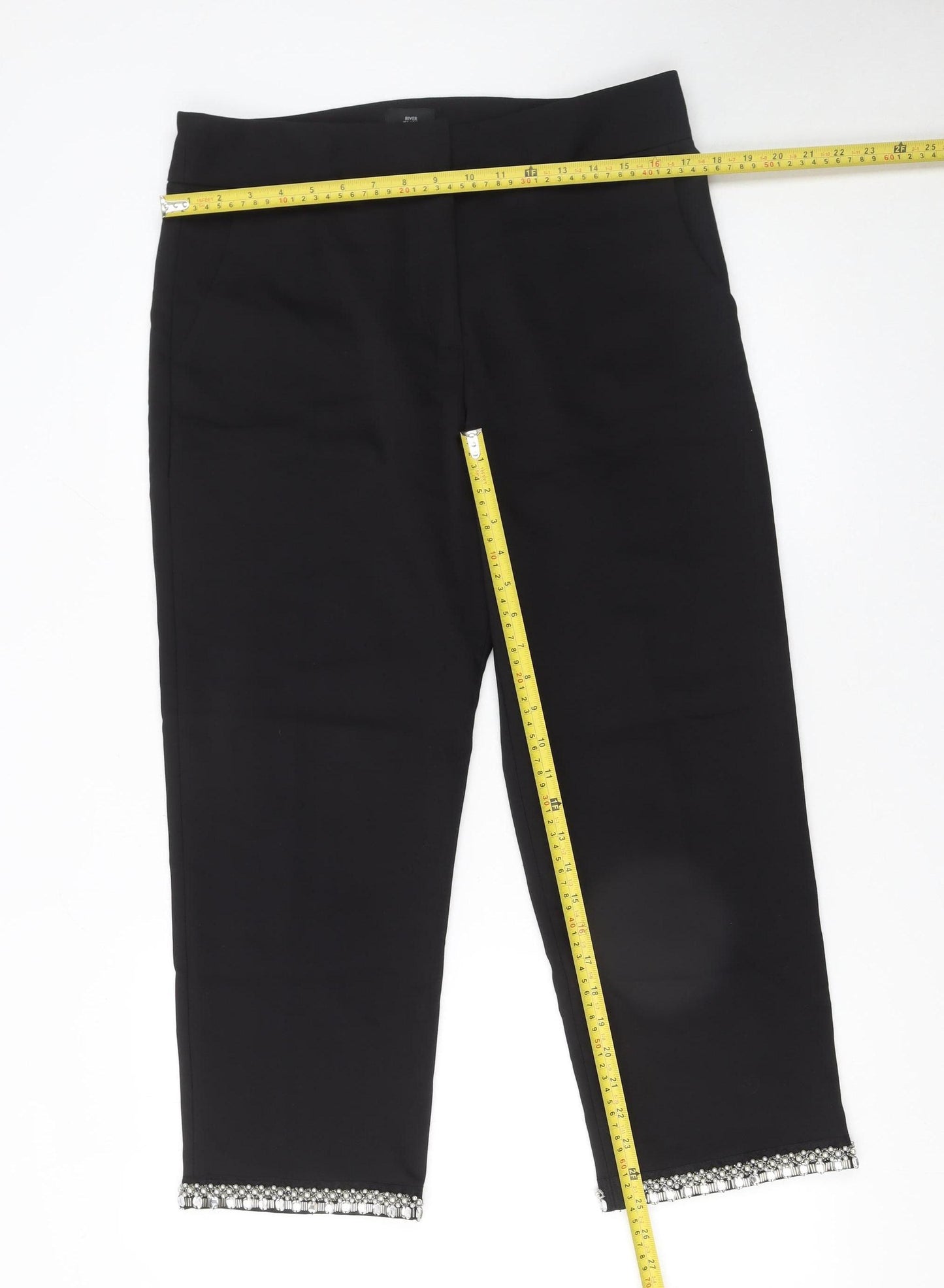 River Island Women’s Black Cropped Embellished Beaded Trousers Size 14
