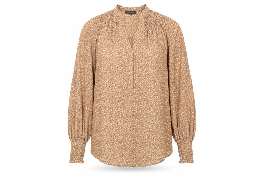 Front view of Warehouse women’s beige floral long sleeve blouse uk 8