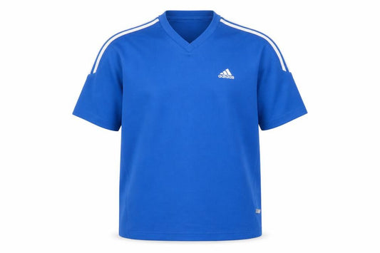 Front view of Adidas Men's Blue V-Neck Sports T-Shirt, size M, Short Sleeve