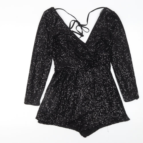 River Island Womens Black Sequin Long Sleeve V-Neck Playsuit UK 6