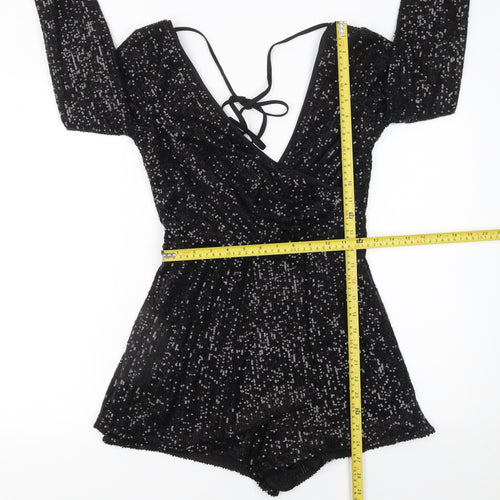 River Island Womens Black Sequin Long Sleeve V-Neck Playsuit UK 6