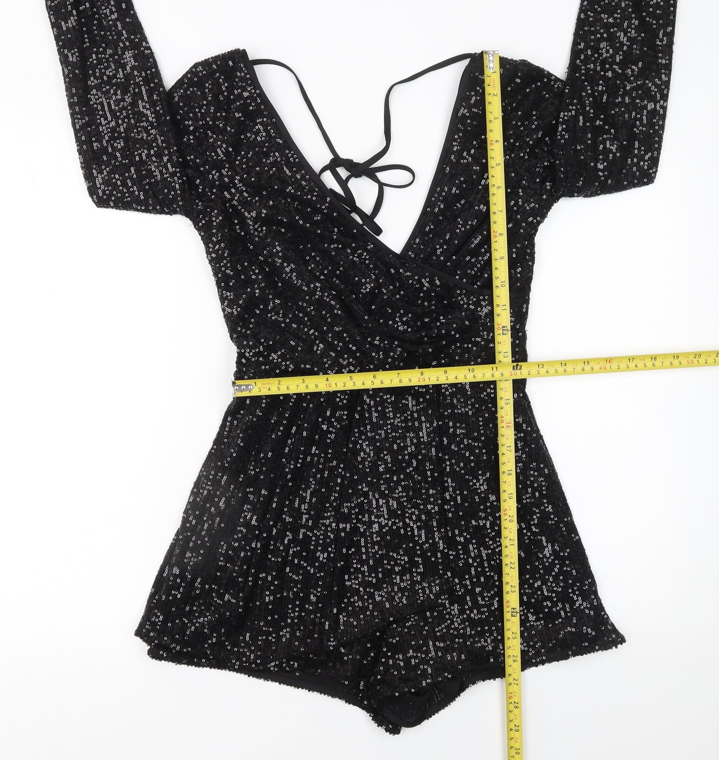 River Island Womens Black Sequin Long Sleeve V-Neck Playsuit UK 6