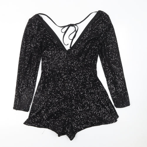 River Island Womens Black Sequin Long Sleeve V-Neck Playsuit UK 6
