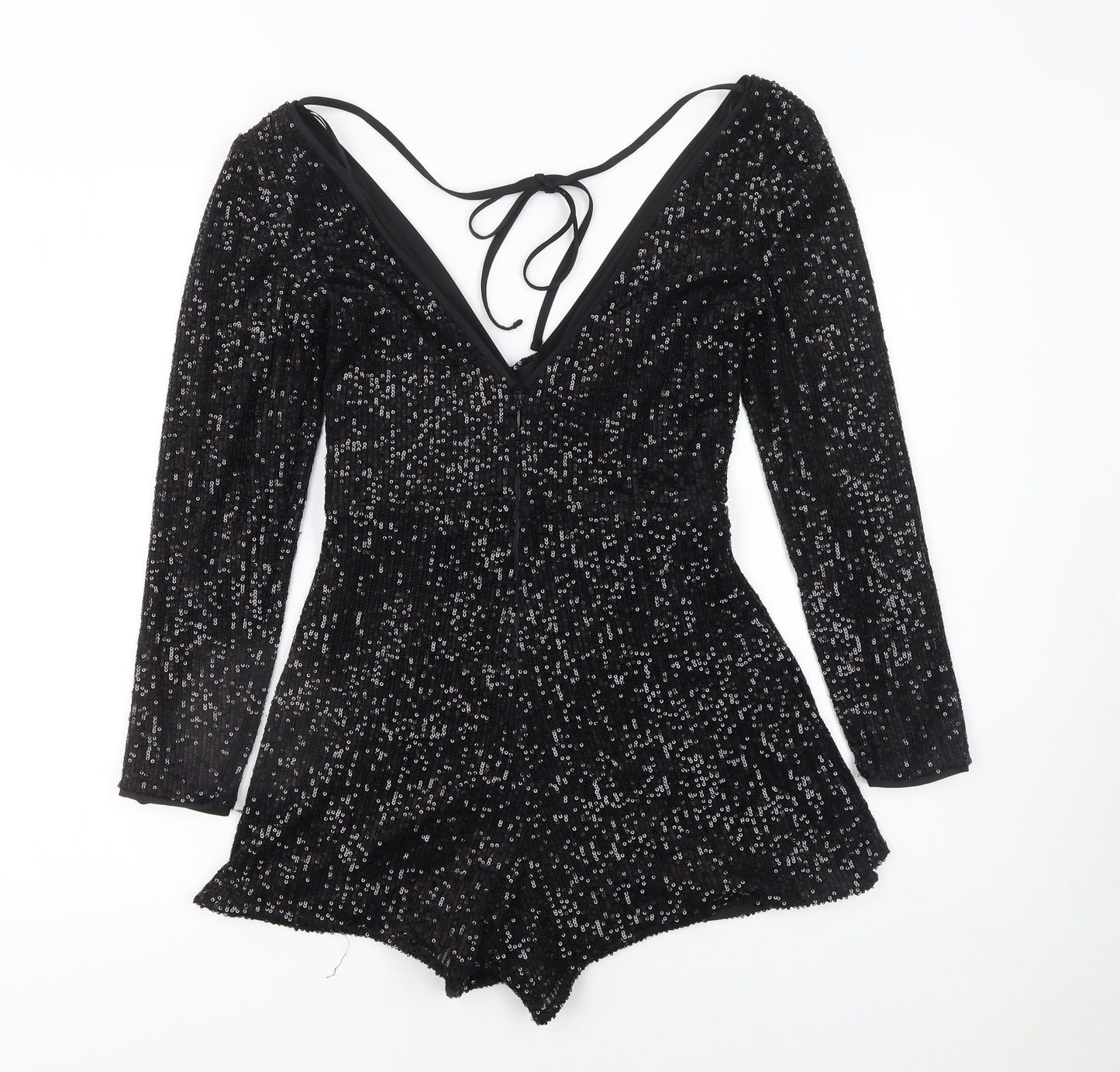 River Island Womens Black Sequin Long Sleeve V-Neck Playsuit UK 6
