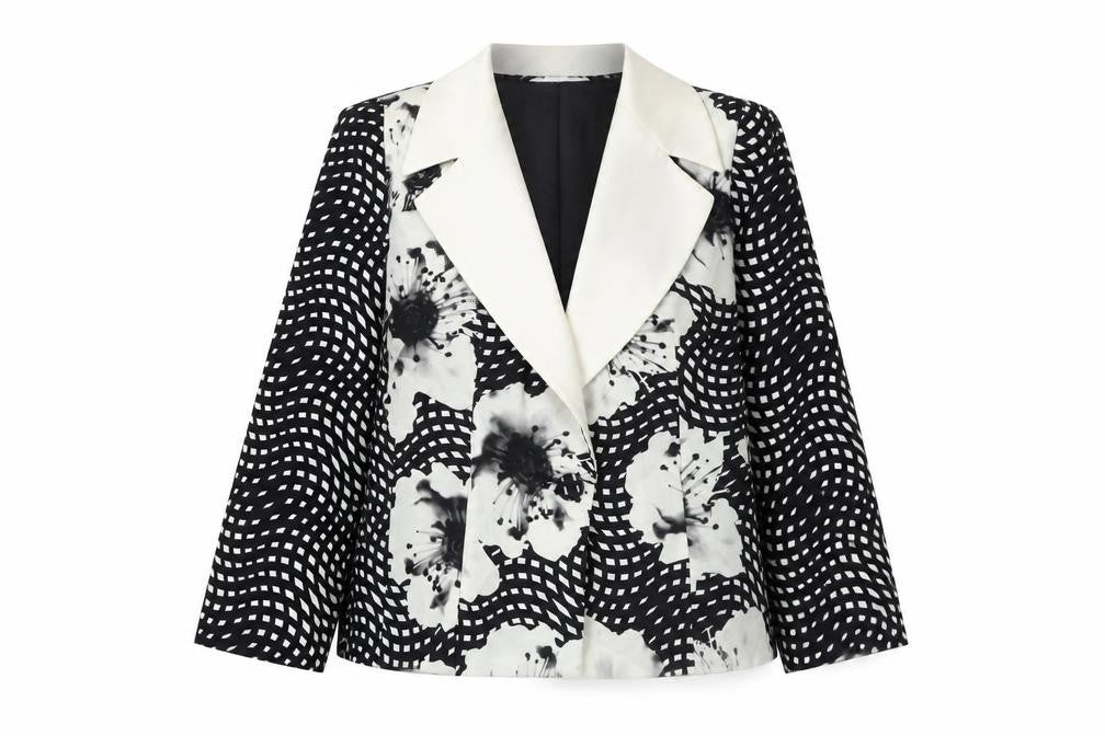 Front view of Maria Coca Women's Black Floral Silk Blazer, size 16, Elegant Formal Jacket