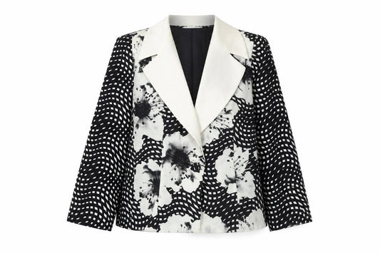 Front view of Maria Coca Women's Black Floral Silk Blazer, size 16, Elegant Formal Jacket