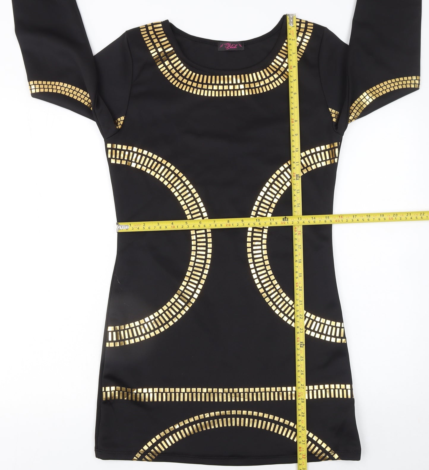 Miss Blush Women’s Black Gold Bodycon Dress Size 14 Long Sleeve Party