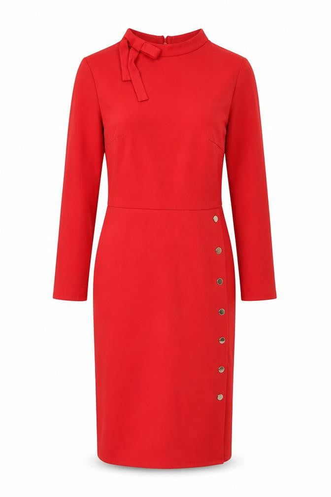 Front view of Smashed Lemon women’s red sheath knee length dress, size UK 12