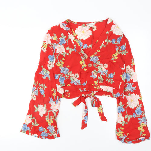 Miss Selfridge Women's Red Floral Wrap Crop Blouse UK 6 Viscose