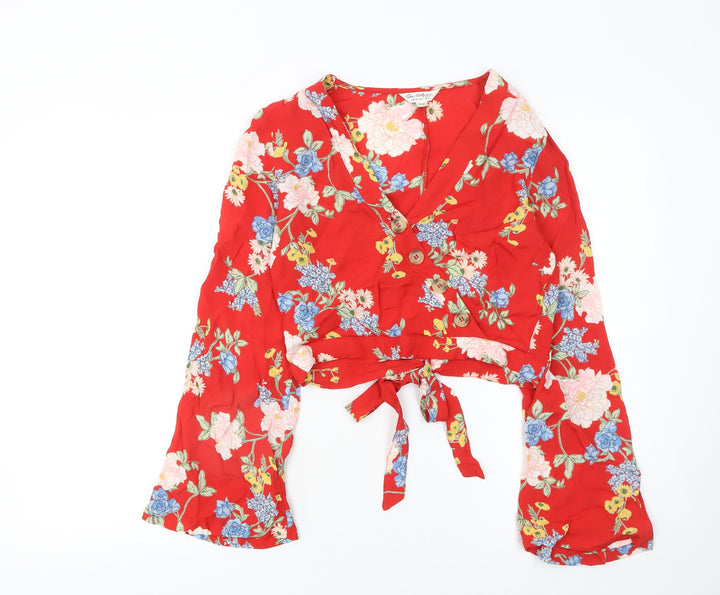Miss Selfridge Women's Red Floral Wrap Crop Blouse UK 6 Viscose