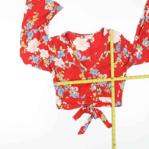 Miss Selfridge Women's Red Floral Wrap Crop Blouse UK 6 Viscose