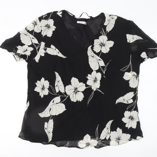 Berkertex Women’s Black Floral Chiffon V-Neck Short Sleeve Tunic Blouse Size 18