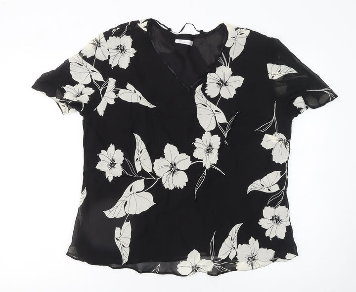 Berkertex Women’s Black Floral Chiffon V-Neck Short Sleeve Tunic Blouse Size 18