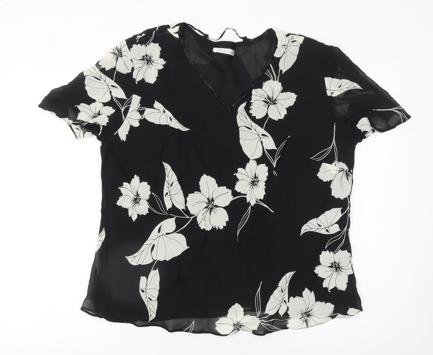Berkertex Women’s Black Floral Chiffon V-Neck Short Sleeve Tunic Blouse Size 18