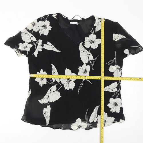 Berkertex Women’s Black Floral Chiffon V-Neck Short Sleeve Tunic Blouse Size 18